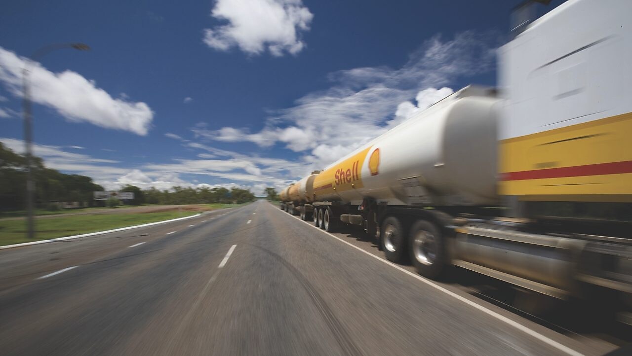 shell bitumen tanker on the road