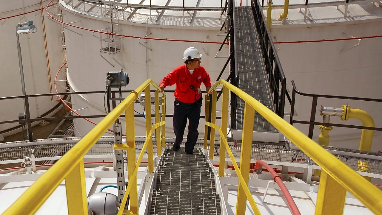 Shell worker turns valve while facilitating dioxin removal.