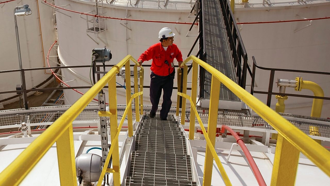 Shell worker turns valve while facilitating dioxin removal.