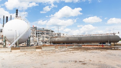Butane sphere and LPG storage bullets at Shell Chemical Site in Mobile, Alabama.