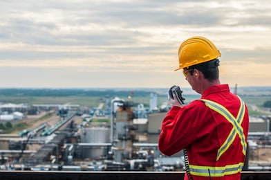 Sulphur recovery engineer overlooks the Shell plant near Alberta
