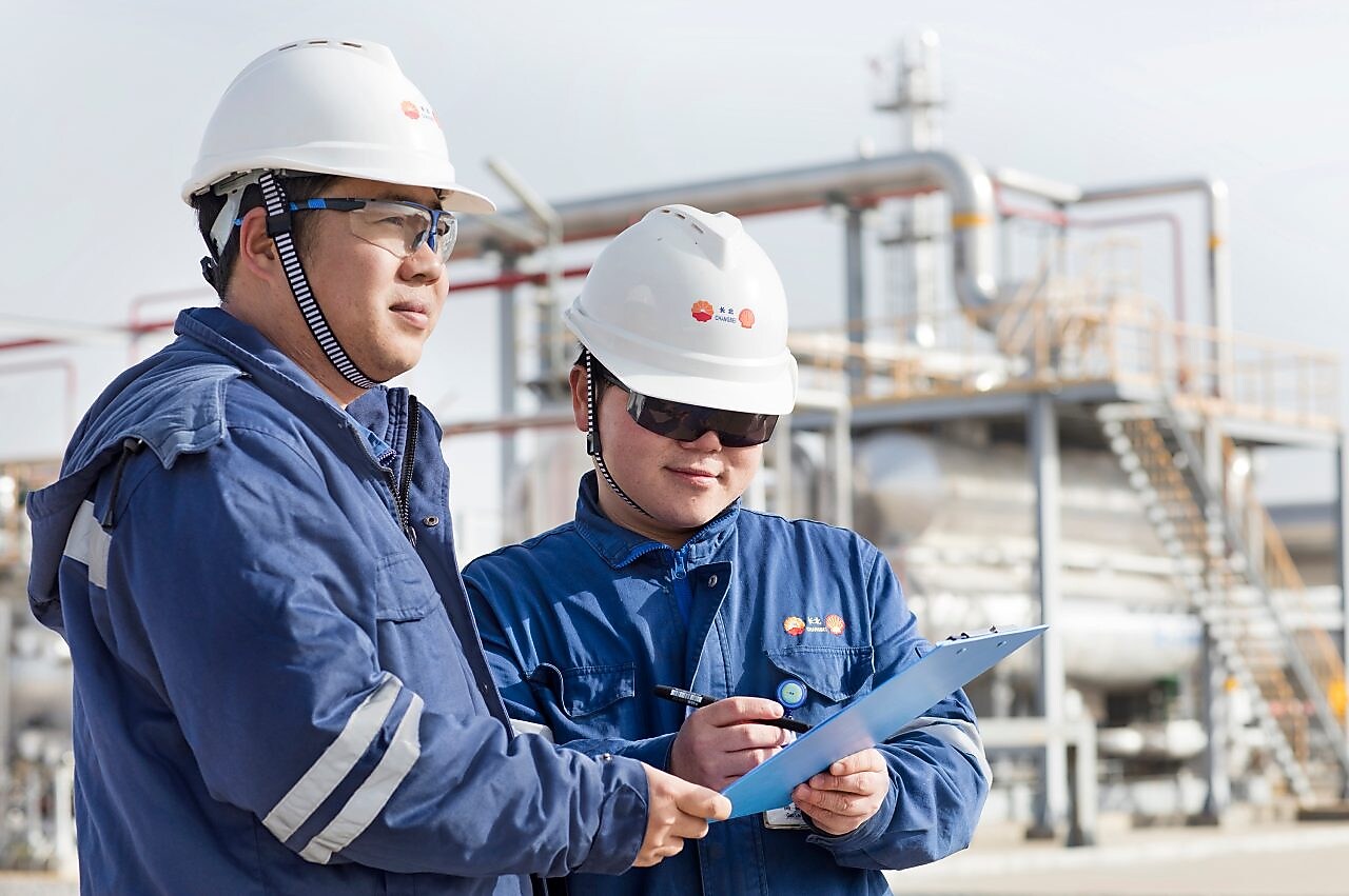 Two Shell engineers collaborating on ways to purify natural gas