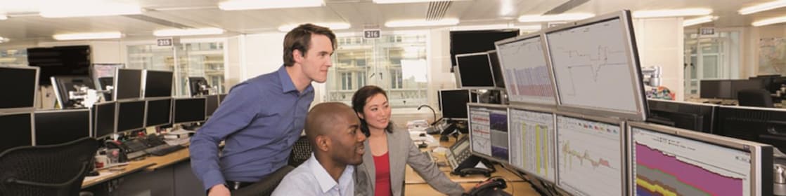 交易大厅的员工需要审查多个电脑屏幕上的数据。