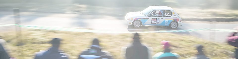 Rally car driving along a road in front of a crowd of spectators