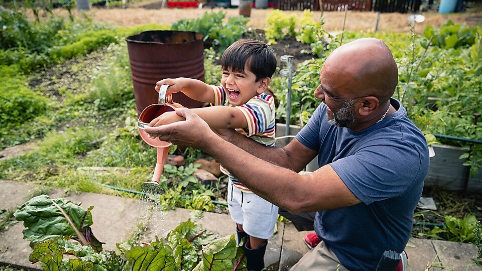 一名男子正在花园中帮一位孩子浇水