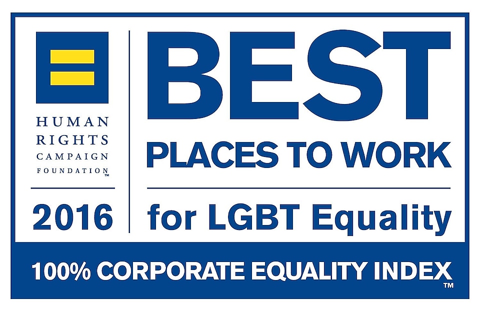 图片所示文字为：人权运动组织基金会 2016。LGBT 平等的最佳工作场所。100% 企业平等指数。
